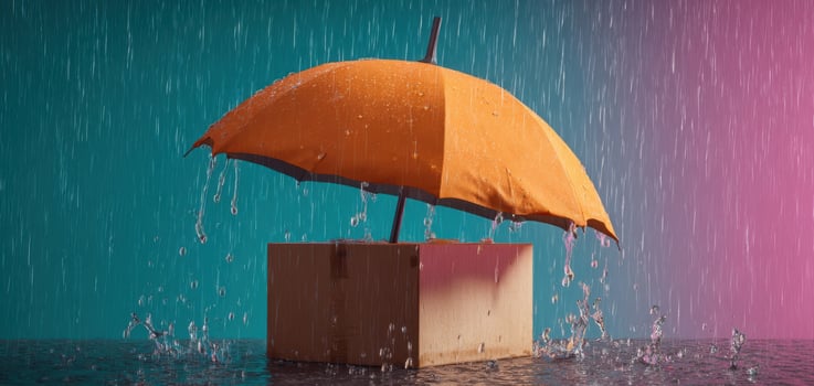 The vibrant orange umbrella providing shelter over a wooden box in the rain. photo