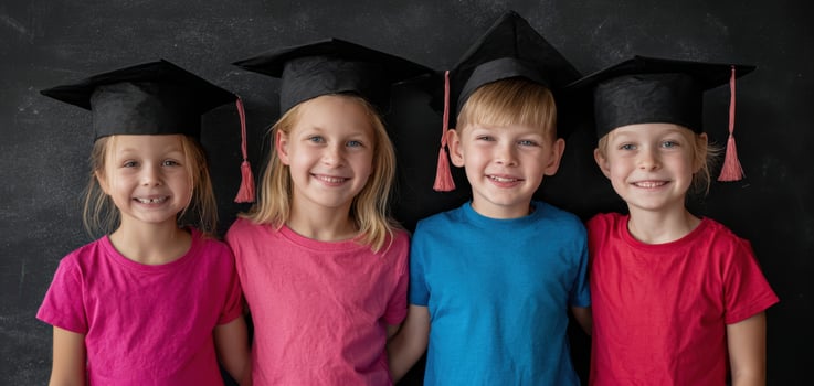 The joyful group of children celebrating graduation together with bright smiles photo