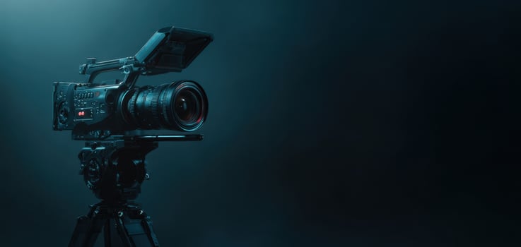 The professional camera set against a dramatic dark backdrop. photo