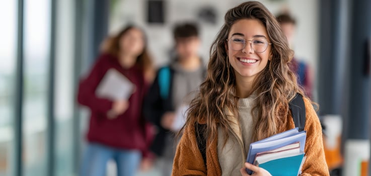 The smiling student in a colorful school corridor with friends photo