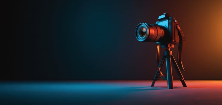 The stylish camera on tripod with dramatic lighting in a studio setting. photo