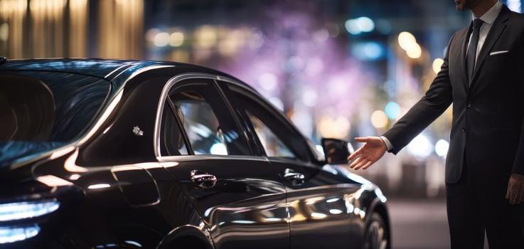 The elegant chauffeur welcoming guests beside a sleek luxury car at night. photo