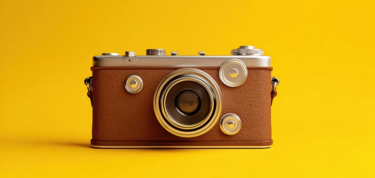 The vintage camera showcased against a vibrant yellow background. photo