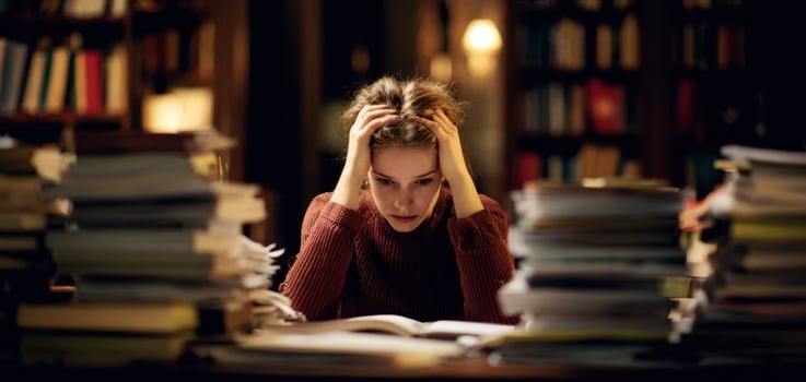 The overwhelmed student surrounded by books and papers in a dimly lit library photo