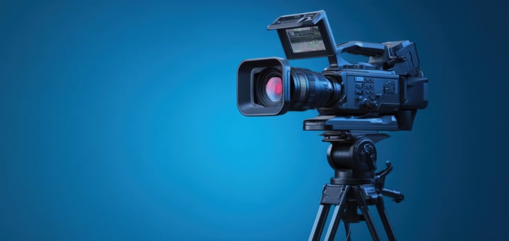 The professional camera on a tripod against a vibrant blue background photo