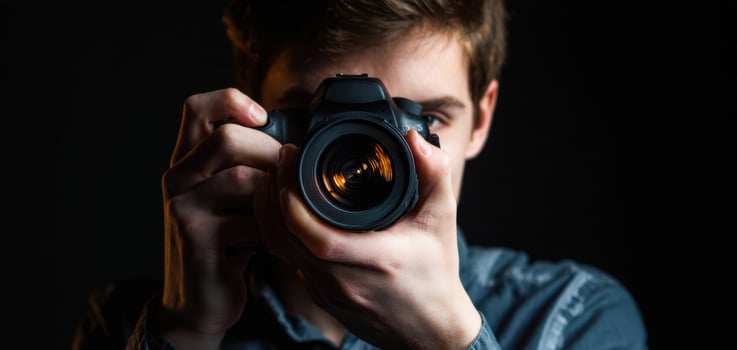 The photographer capturing a moment with a DSLR camera in low light. photo