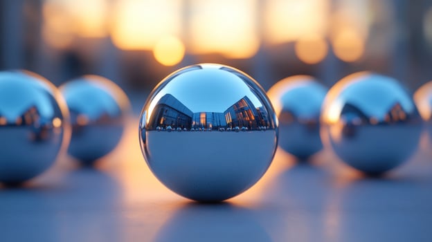 Reflective Spheres at Sunset A Study in Urban Reflection photo