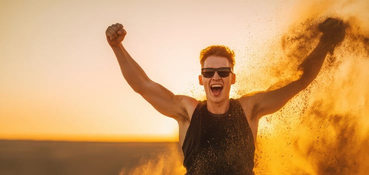 The joyful man celebrating at sunset, surrounded by sand and energy. photo