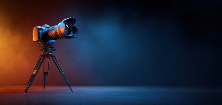 The professional camera on a tripod with dramatic lighting and shadows. photo