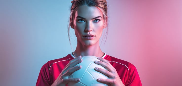 The confident female athlete holding a soccer ball in dramatic lighting. photo
