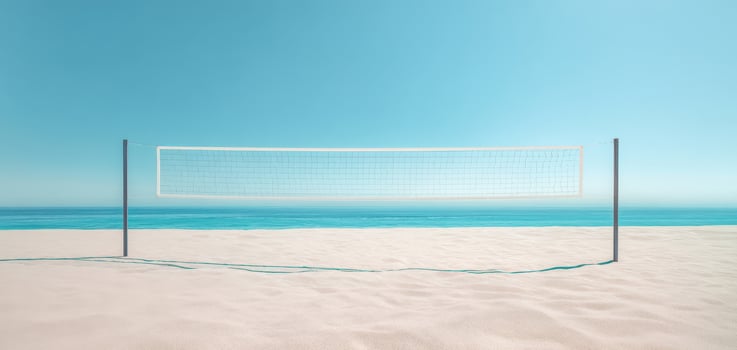The volleyball net standing against a serene ocean backdrop on the sandy beach. photo