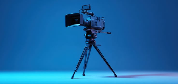 The sleek camera setup against a vibrant blue background for cinematic visuals. photo