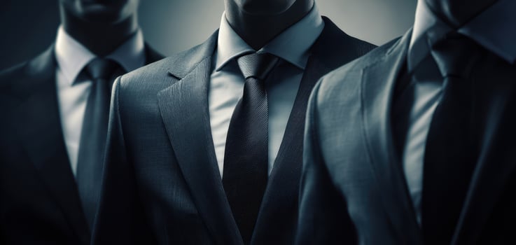 The three confident professionals in tailored suits showcasing modern elegance. photo