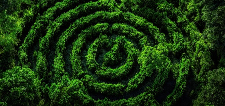 The mesmerizing spiral maze surrounded by lush green foliage and nature's beauty. photo