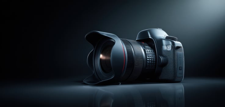 The DSLR camera showcasing its sleek design and powerful lens in a dramatic light. photo
