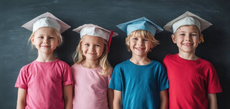 The joyful children celebrating graduation in colorful caps and cheerful attire. photo