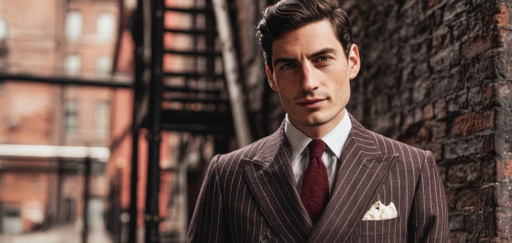 The elegant man in a stylish striped suit posing in an urban setting. photo