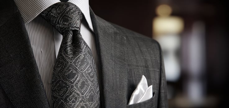 The elegant suit featuring a sophisticated tie and pocket square detail. photo