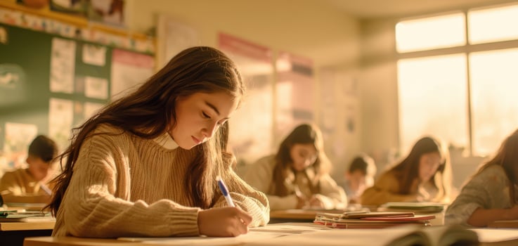 The focused student writing in a sunlit classroom amidst peers. photo