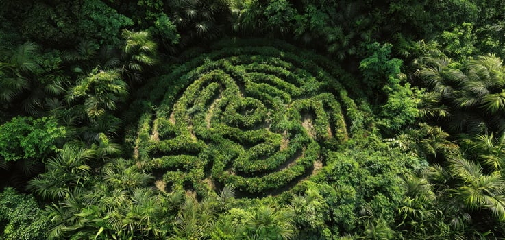 The intricate maze designed within a vibrant green forest landscape. photo