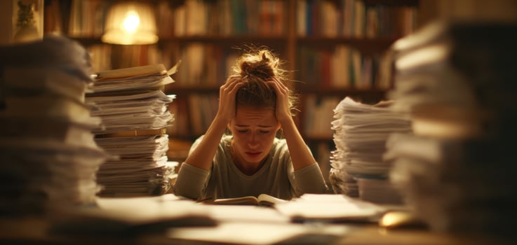 The woman overwhelmed with papers in a dimly lit library setting. photo