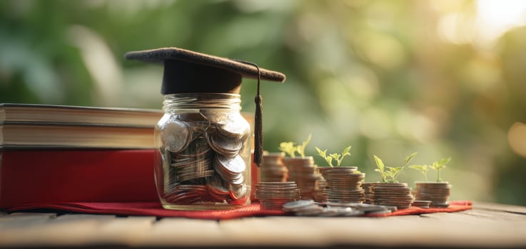 The jar of coins with a graduation cap representing financial education and growth. photo