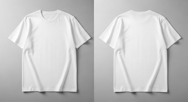 Two blank white t-shirts front and back view on a neutral gray backdrop product mockup photo