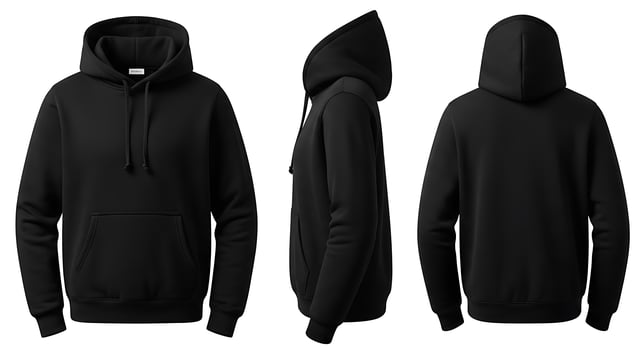 Versatile black hoodie displayed from front side and back angles clothing apparel photo