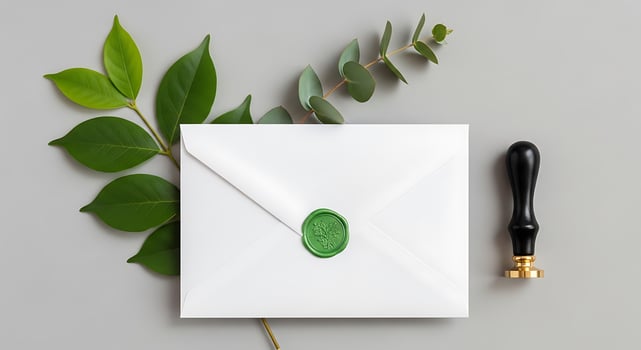 Elegant white envelope with green wax seal and natural greenery photography photo