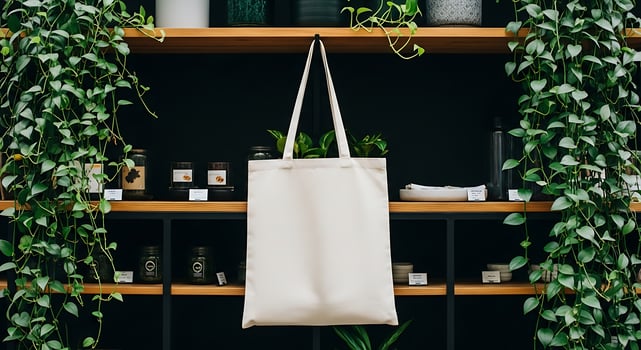 Eco-friendly canvas tote bag hanging in a natural green setting showcasing sustainable shopping choice photo