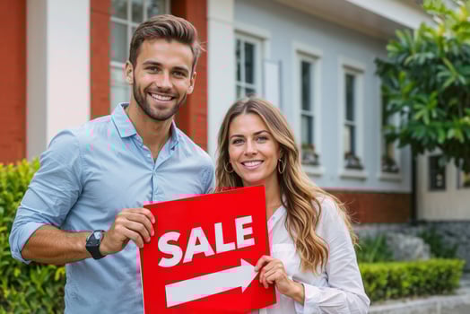 A smiling family couple, a man and a woman, stand in front of their charming suburban home holding a large sale sign. There is a FOR SALE sign. The concept of selling a private house photo