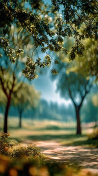 Beautiful Garden Pathway Lined With Trees and Vibrant Flowers During a Sunny Day. photo