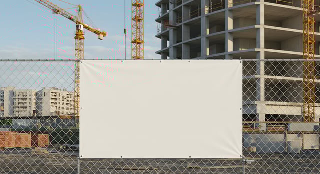 Blank White Banner Mockup on Fence at Construction Site photo