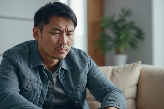 A young Asian man sits on a sofa with a serious expression, family problems. Relationship difficulties concept photo