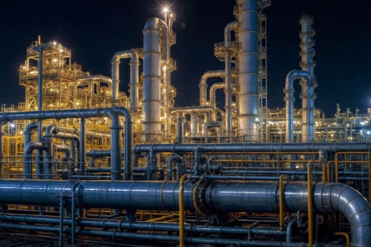 Large industrial gas and oil plant with many pipes and tanks glows with lights at night in Russia photo