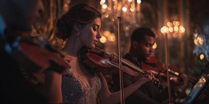 The enchanting violin performance in a beautifully lit evening setting photo