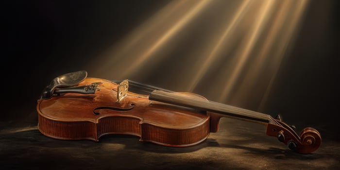 The elegant wooden violin illuminated by soft rays of light photo