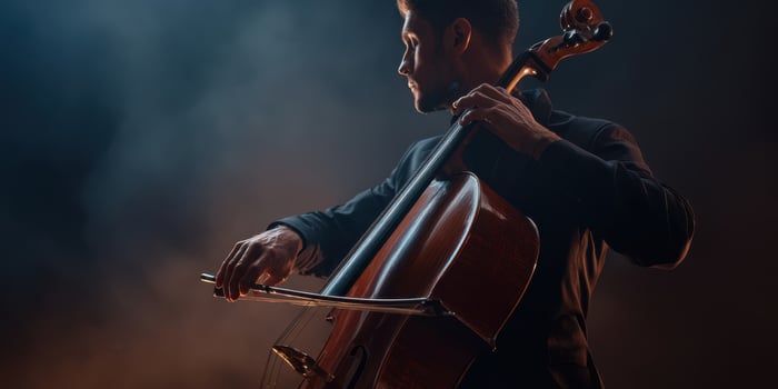 The dedicated musician passionately performing on a cello under dramatic lighting. photo