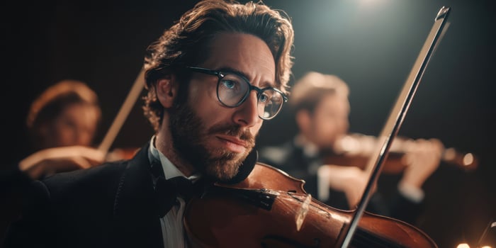 The violinist performing passionately in a sophisticated orchestral setting photo