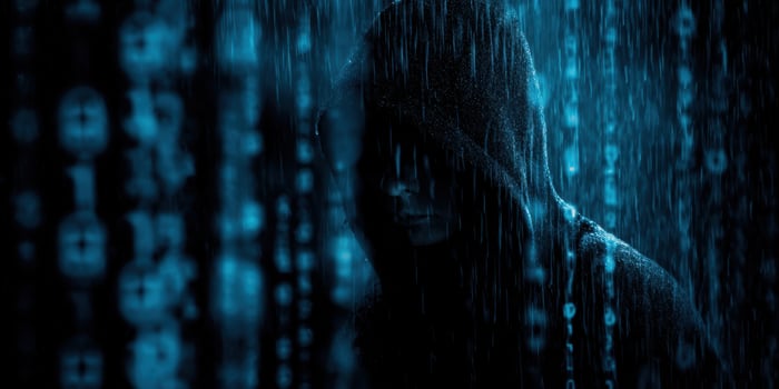 The hooded figure shrouded in data within a digital rainstorm. photo