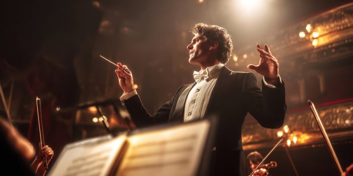 The conductor passionately leads the orchestra in a breathtaking performance. photo