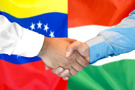 Handshake on Venezuela and Hungary flag background. photo