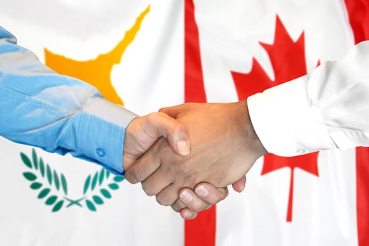Handshake on Cyprus and Canada flag background. photo