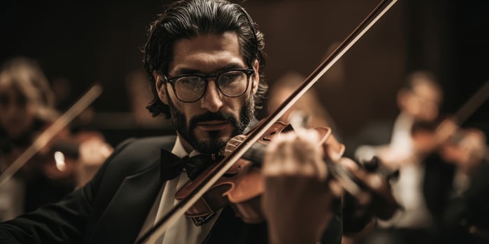 The violinist performing passionately in a classical orchestra setting photo