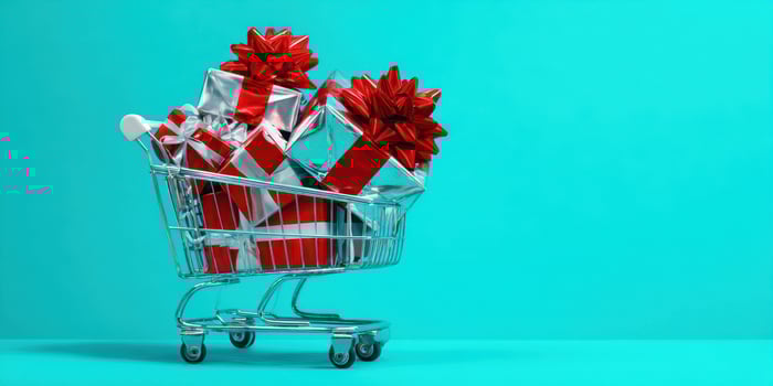 The shopping cart filled with festive gifts and vibrant colors. photo