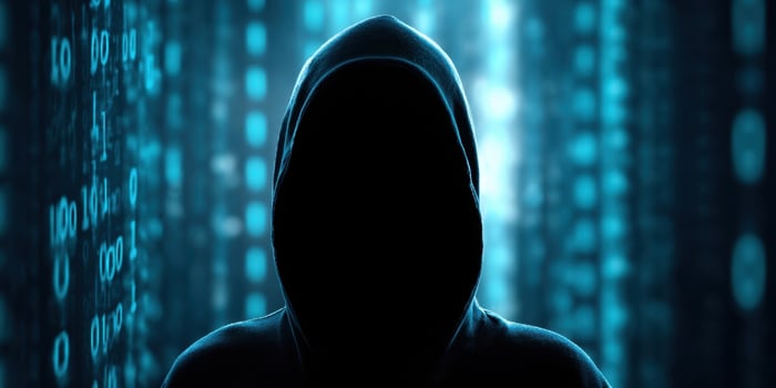 The mysterious hacker in a digital realm of binary code. photo