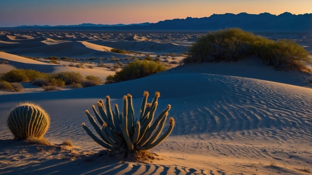 Serene desert landscape at sunset showcasing unique cacti amidst rolling sand dunes and distant mountains photo