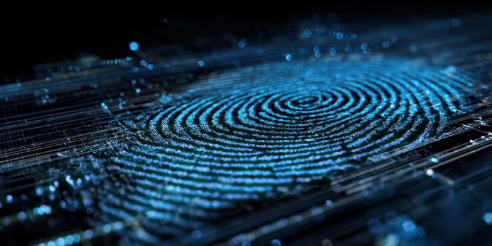 The digital fingerprint graphic showcasing advanced technology and cybersecurity concepts. photo