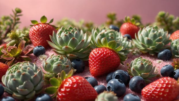 Vibrant assortment of strawberries, blueberries, and succulents arranged on a textured pink background photo