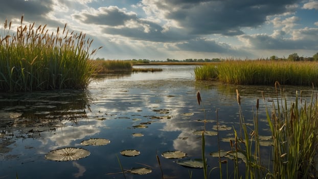 Tranquil lakeside scene with tall grasses and lily pads reflecting clouds and sunlight photo